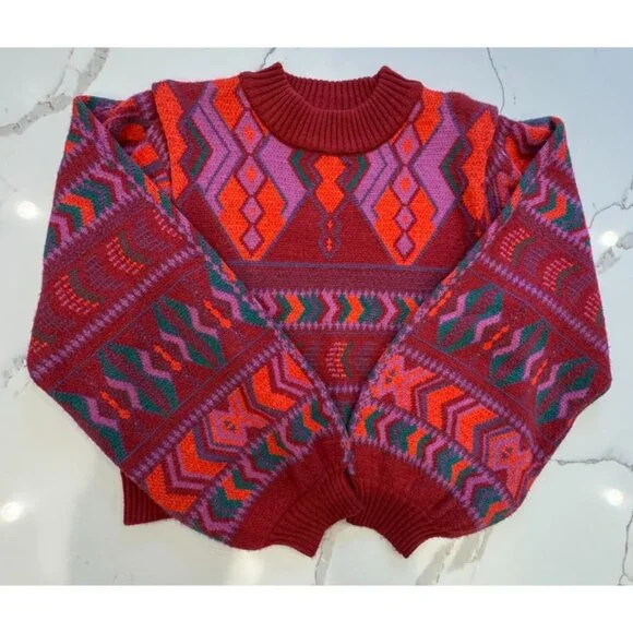 Farm Rio Crewneck Balloon Sleeve Sweater in Red Size L - Picture 2 of 4